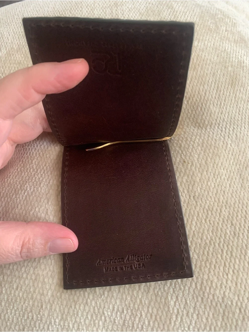 Made in USA Brown Genuine Matte Alligator Leather Brass Clip Wallet Card Case